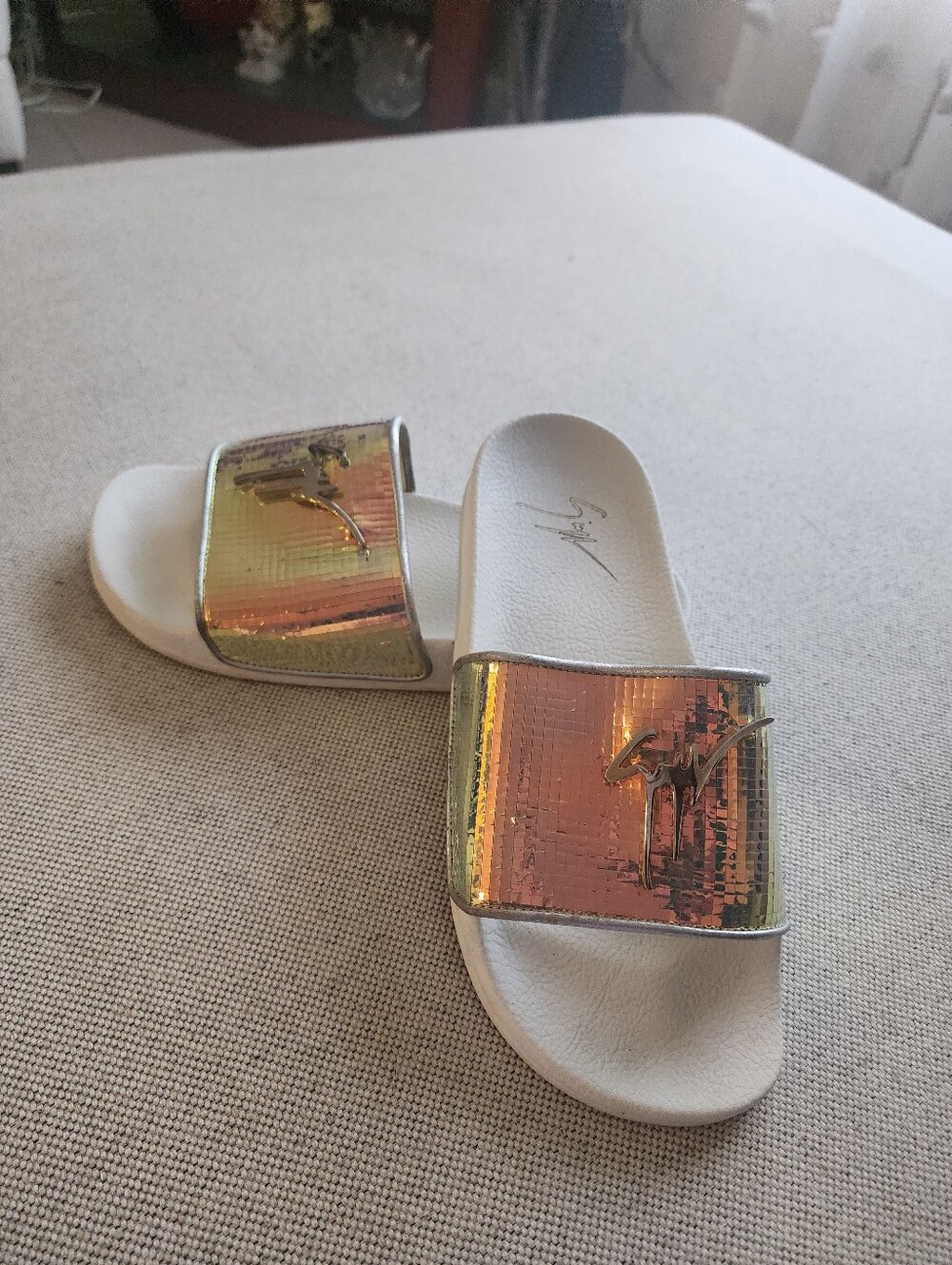 Giuseppe Zanotti Iridescent Gold-Top White Slide Sandals